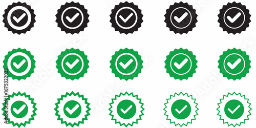 Collection of green and black checkmark badges and award seals with a starburst shape and white background