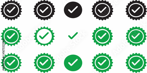 Collection of checkmark icons and badges in black and green for approval and verification