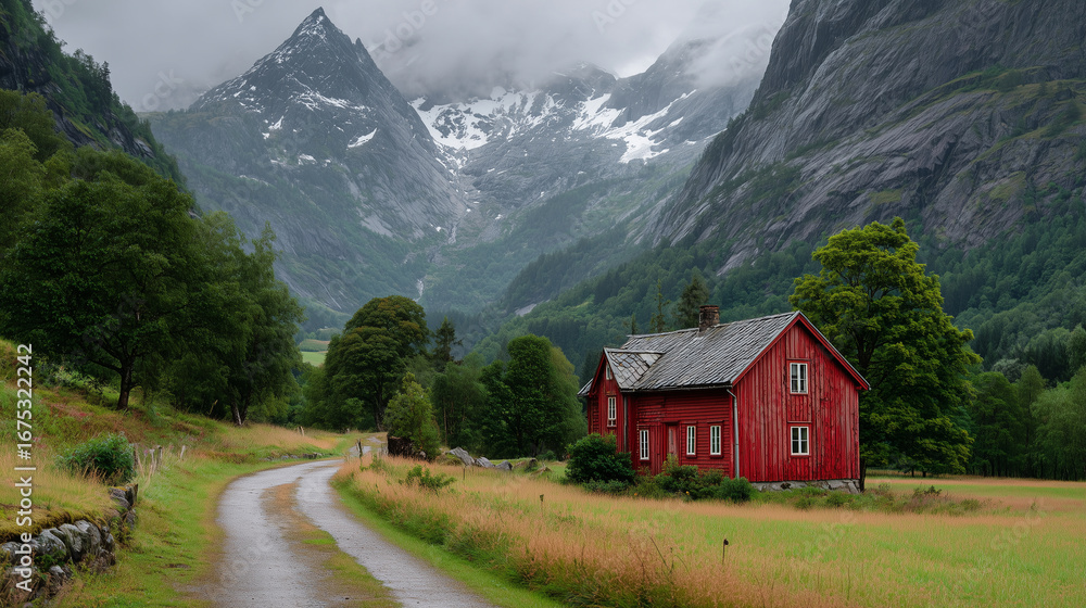 Obraz premium Scandinavian red cottage in a mountain valley, building, photo style