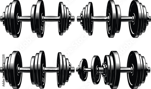 High contrast black and white vector illustration of gym dumbbells with multiple weight plates for fitness, bodybuilding, and strength training concepts