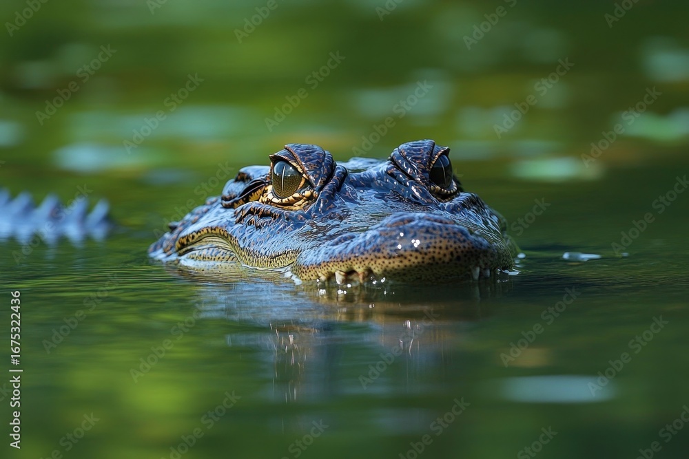 Fototapeta premium Close-up of a crocodile partially submerged in green water with focused eyes and textured skin