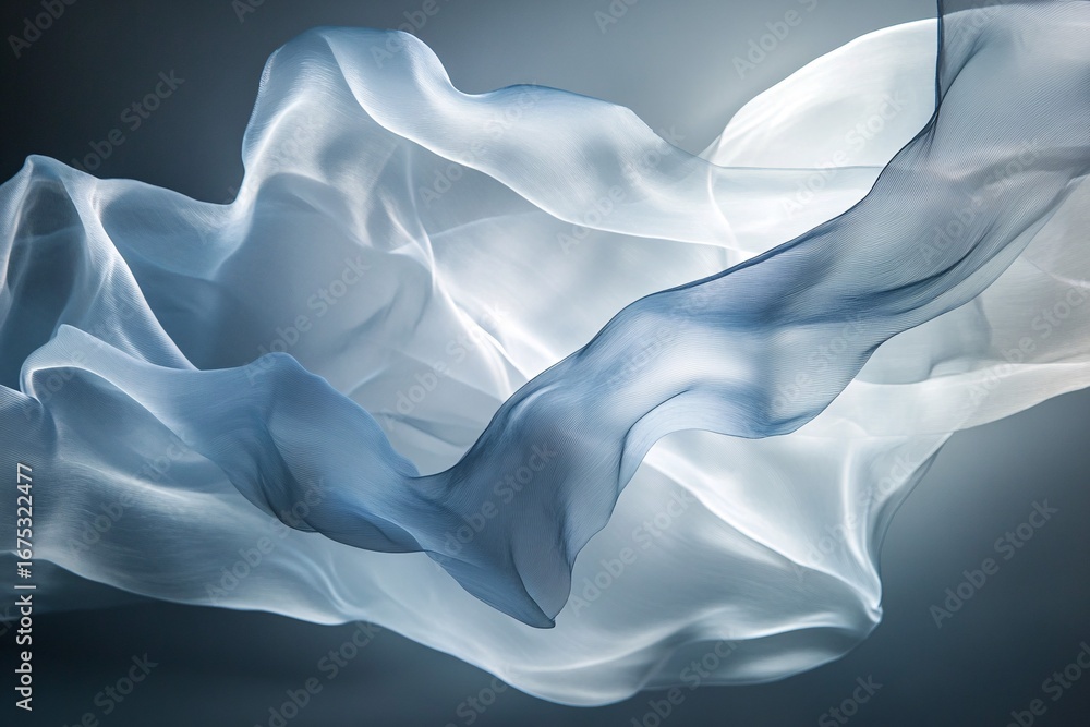 Fototapeta premium Abstract flowing fabric in shades of white and blue against a dark background.