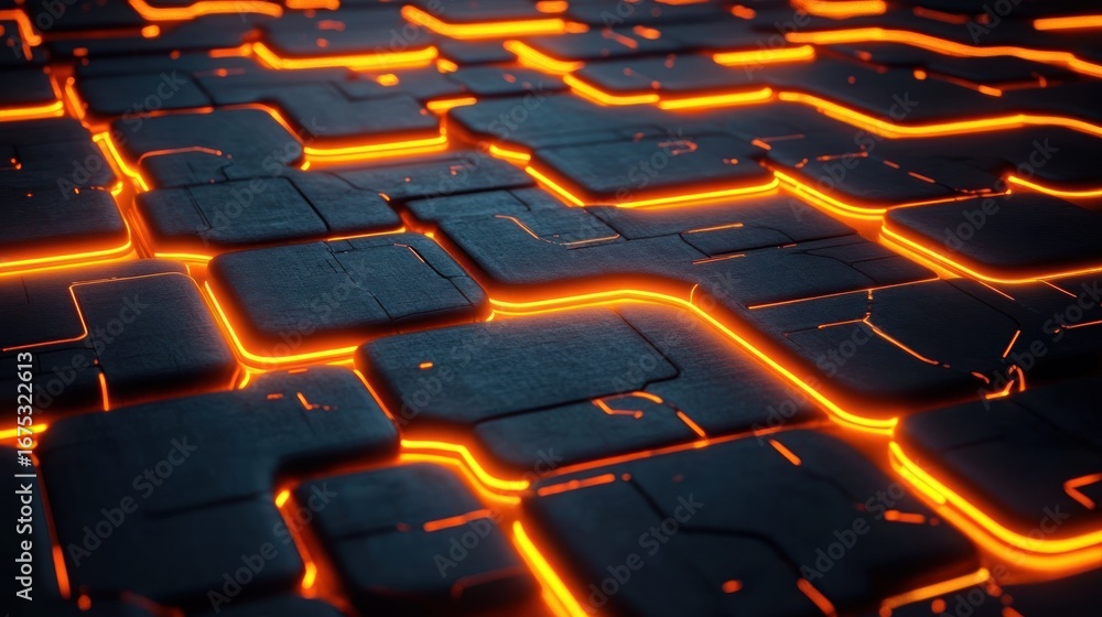 Fototapeta premium Abstract futuristic surface with glowing orange lines between black geometric panels creating a high-tech, digital and illuminated pattern