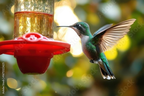 Close-up of a vibrant green hummingbird hovering near a red nectar feeder with its wings spread in a sunlit natural garden setting