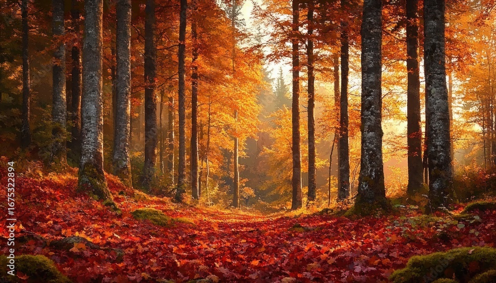 Fototapeta premium A serene forest path covered with red and orange fallen leaves under tall trees with bright autumn foliage glowing in warm sunlight