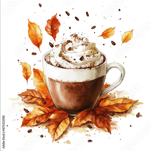 Hot Chocolate Autumn Warmth, watercolor vector, isolated on a white background.
