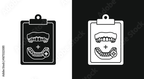 Black and white image of a dental chart with teeth illustrations and a plus sign.