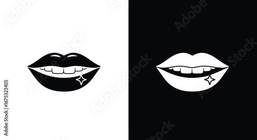 Stylized black and white graphic of smiling lips with sparkling teeth, presented in a contrasting dual design.