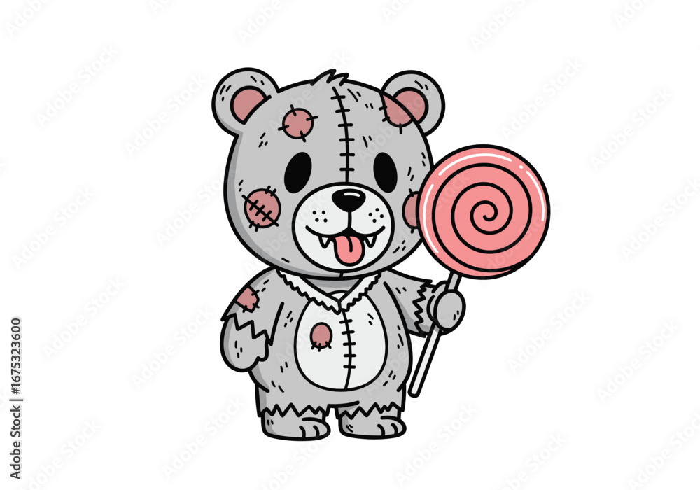 Naklejka premium Creepy cute teddy bear holding a pink swirl lollipop a quirky companion for your designs