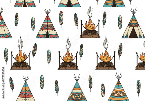 Tribal campfire teepee feather native american culture inspired decorative pattern