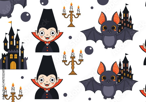 Spooky halloween pattern featuring cute dracula bats and haunted castles with candlesticks for festive decorations