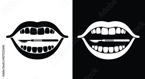 Graphic illustration of a mouth with teeth and a scalpel, in black and white.