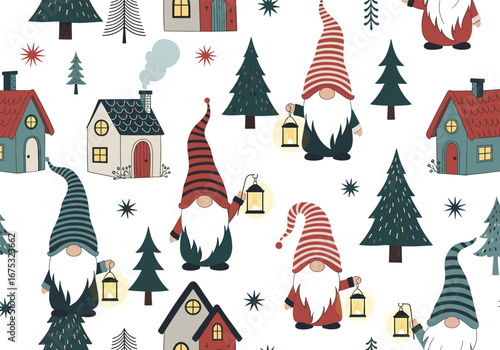 Charming winter gnomes and festive houses celebrating the holiday season together