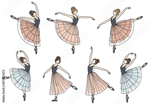 Graceful ballet dancers in diverse poses displaying artistic movement and elegance