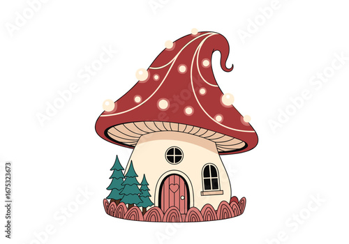 Enchanting miniature mushroom house with whimsical fairy lights adorned with festive string illumination a tiny woodland dwelling