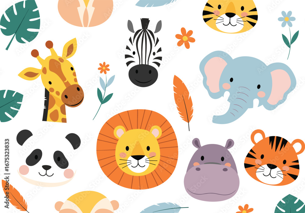 Obraz premium Adorable cute wild animals cartoon collection safari jungle zoo creatures great for kids designs baby animals theme