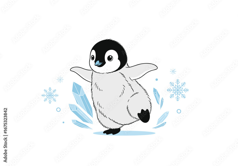 Obraz premium Adorable baby penguin waddles gracefully across frozen landscape amidst winter snowflakes