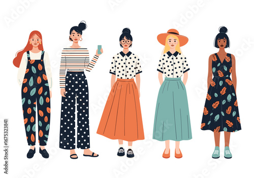 Diverse group of fashionable women showcasing stylish attire and clothing ensembles featuring bold patterns and vibrant colors in a studio setting