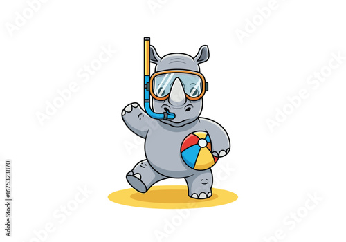 Joyful rhinoceros on beach enjoying summer vacation with beach ball and snorkel gear illustration