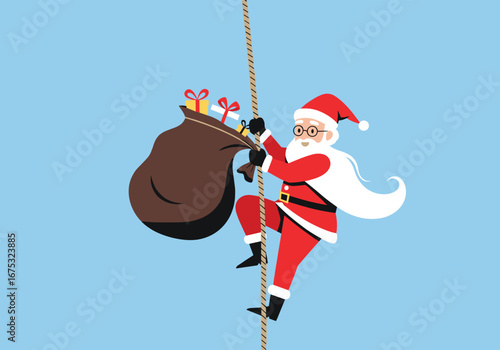 Santa claus climbing rope with sack full of gifts on blue sky background celebrating christmas holidays season festive spirit cheerful tradition