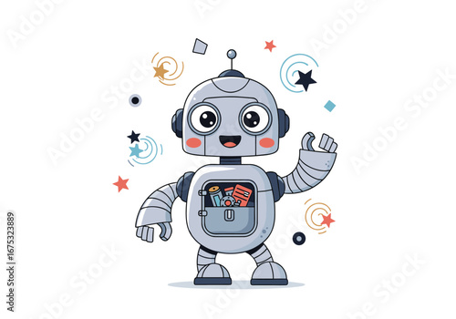 Adorably cute little robot character waving hello with happy expression and colorful swirls and stars around it representing fun and playful energy