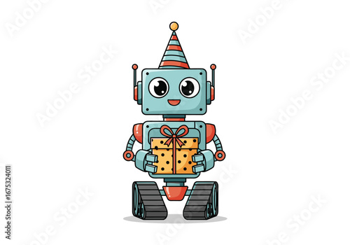 Adorable retro robot holding a bright yellow gift box with a pattern and wearing a festive party hat celebrating a special occasion