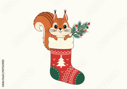 Adorable squirrel peeking out of a festive christmas stocking holding a small pine branch with berries