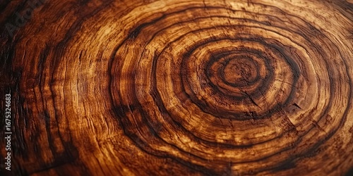 Close-up view of natural tree trunk cross section showing detailed growth rings and textured wood grain in warm brown tones
