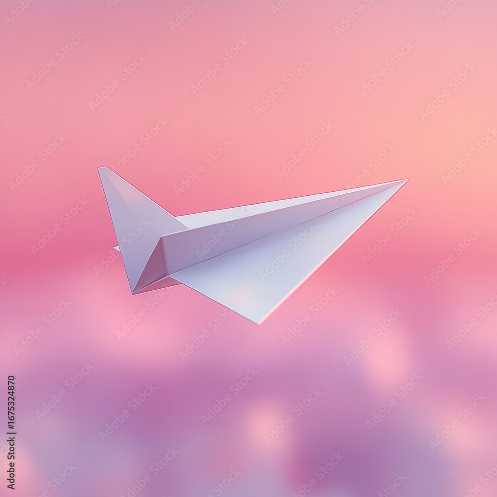Fototapeta premium white paper airplane flying against a soft pink and purple sky background creating a calm and dreamy atmosphere