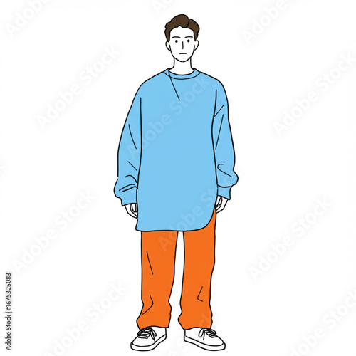 Stylish Young Man in Oversized Blue Sweatshirt and Orange Pants A Modern, Artistic Illustration
