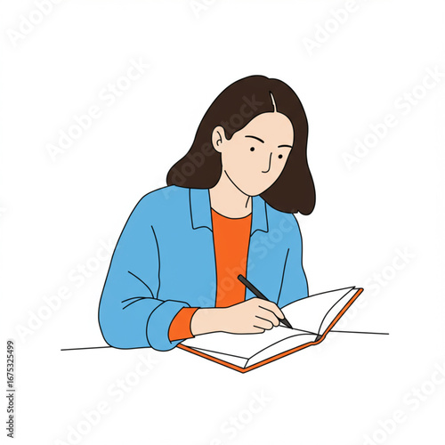 Woman engrossed in writing, jotting down notes in a notebook, sketching ideas in a journal with a pen