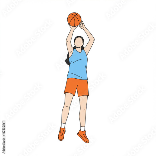 Dynamic vector illustration of a female basketball player in mid-air, executing a skillful jump shot during a competitive game