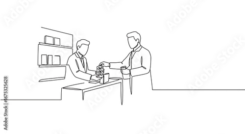 A continuous line art of medical staff in a pharmacy.