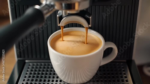 Espresso Machine Brewing Coffee Into A White Ceramic Mug