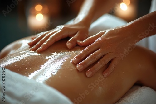 Wallpaper Mural Close-up of two hands giving a relaxing back massage with oil on glistening skin in a softly lit spa setting Torontodigital.ca
