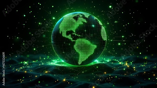 Wallpaper Mural Futuristic glowing earth globe made of green dots over particle field in dark background, symbolizing technology, data, and global connection Torontodigital.ca