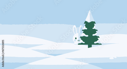 Winter scene with a rabbit hiding behind a snow-covered pine tree