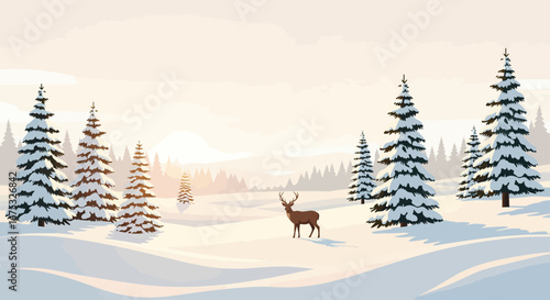 Serene Winter Landscape with a Majestic Deer Amidst Snow-Covered Pine Trees Under a Gentle Morning Light