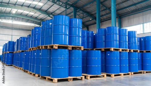 Rows of blue barrels stacked on wooden pallets inside a warehouse industrial storage facility.