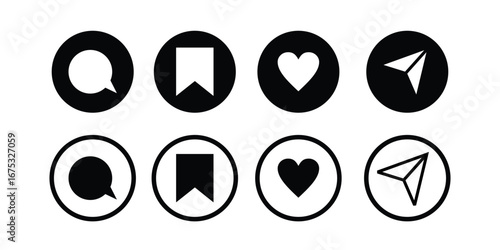 A sleek, modern icon set for social media engagement. Includes symbols for comment, save, like, and share. Perfect for apps and websites to boost user interaction.