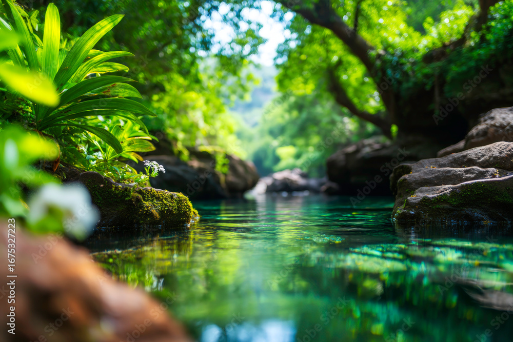 Fototapeta premium Serene forest pool with dark green water and lush vegetation nature scene