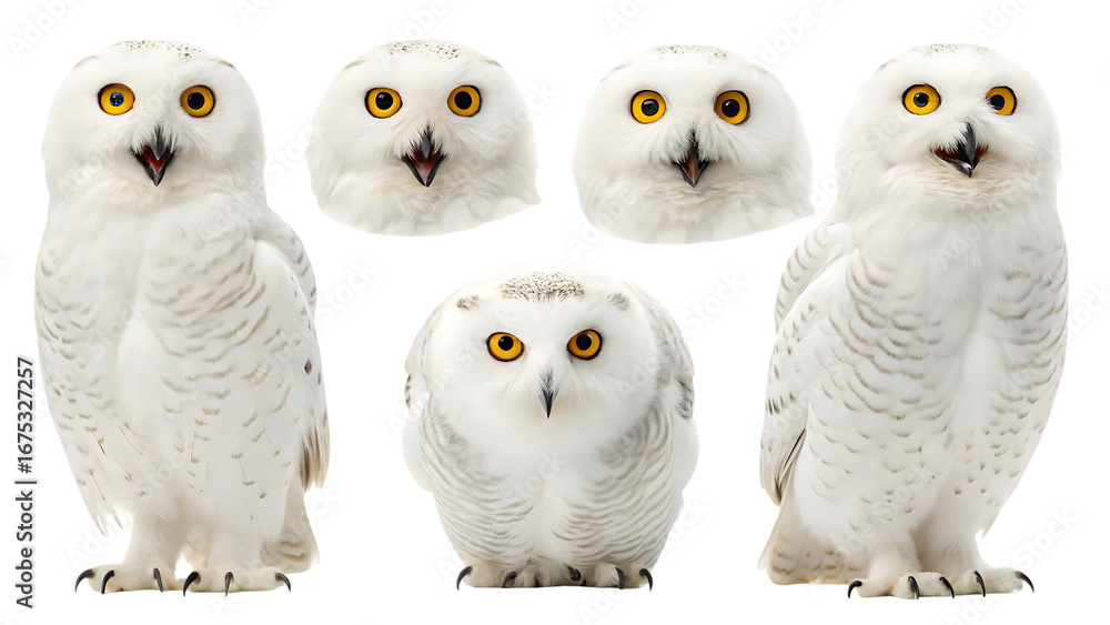 Obraz premium cartoon snowy owl collection with various poses isolated on a transparent background isolated on white background