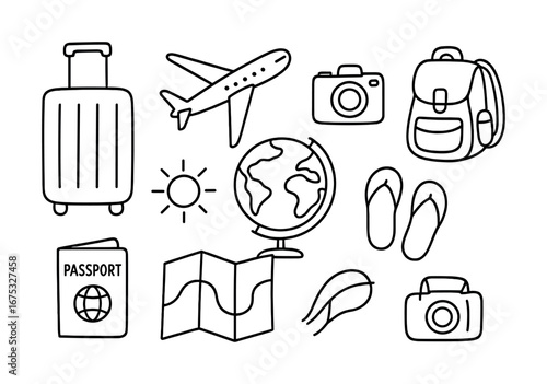 Travel essentials: suitcase, airplane, camera, backpack, globe, passport, map, sunglasses, flip-flops