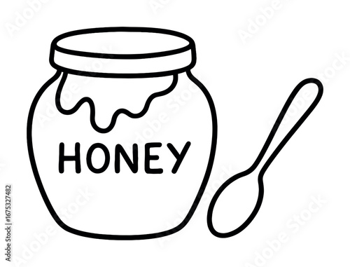 Black and white honey jar with spoon line drawing illustration