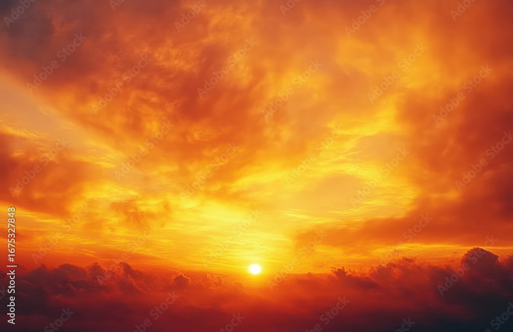 Obraz premium Bright sun glowing through vibrant orange and yellow clouds during a dramatic sunset or sunrise