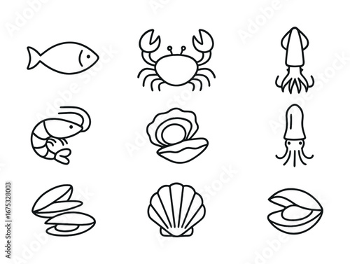 Seafood icons: fish, crab, squid, shrimp, oyster, clam, shell, mussel
