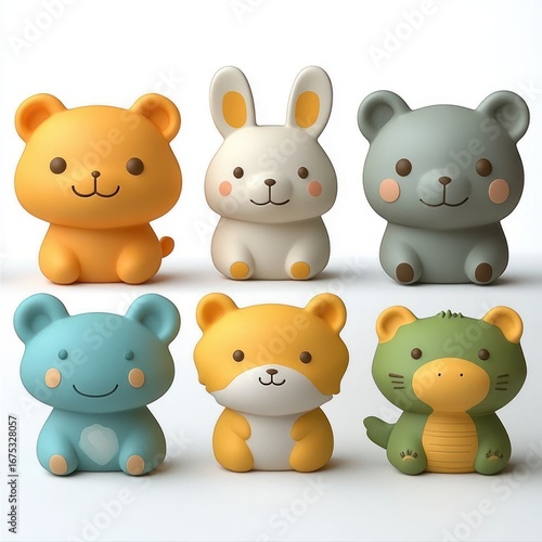 Wallpaper Mural six cute cartoon animal figurines including bears, a rabbit, a fox, and a small dragon arranged in two rows with smiling faces and soft pastel colors Torontodigital.ca