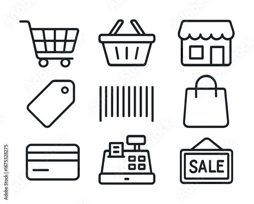 Black and white shopping icons: cart, basket, store, tag, barcode, bag, card, register, sale