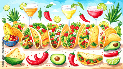 Colorful hand drawn Mexican food collection featuring tacos, burritos, chili peppers, avocados, and margarita drinks