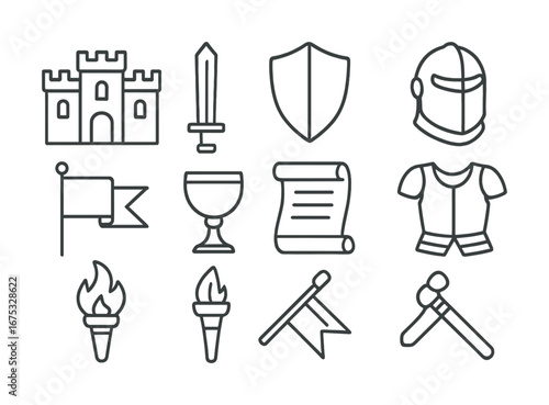 Medieval icon set: castle, sword, shield, helmet, flag, torch, armor in line art
